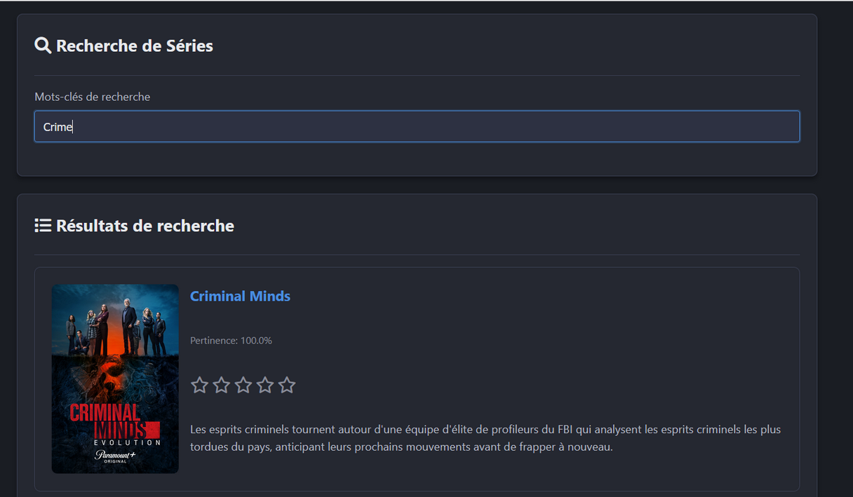 Aperçu du moteur de recherche de séries TV